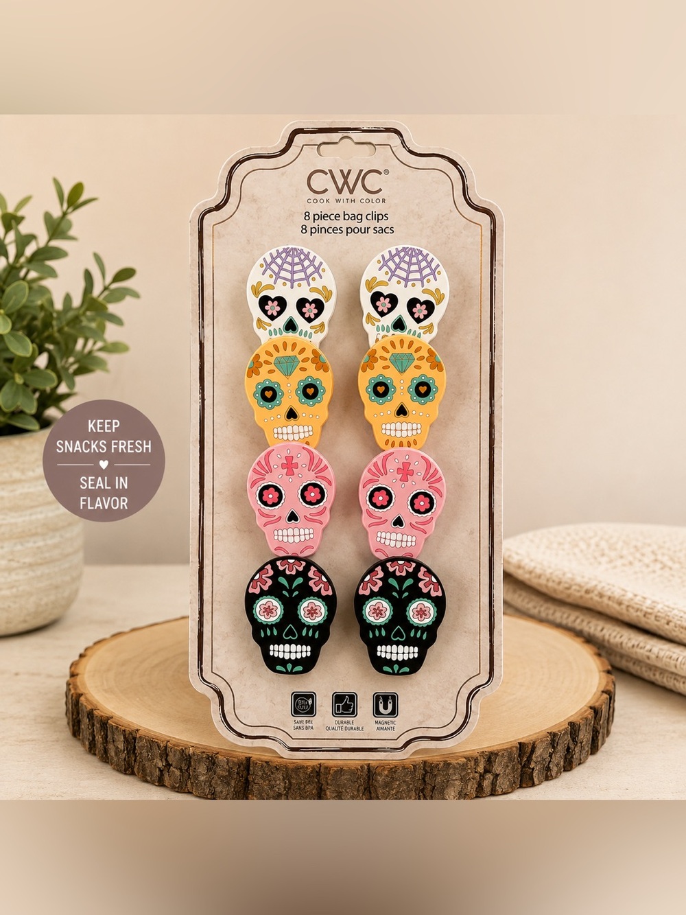 CWC Sugar Skull Decorative Bag Clips - Multicolor (8 Piece)